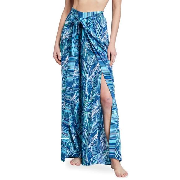 New! La Blanca Sketched Leaves Side Slit Waist Tie Cover Up Pants - Picture 3 of 6